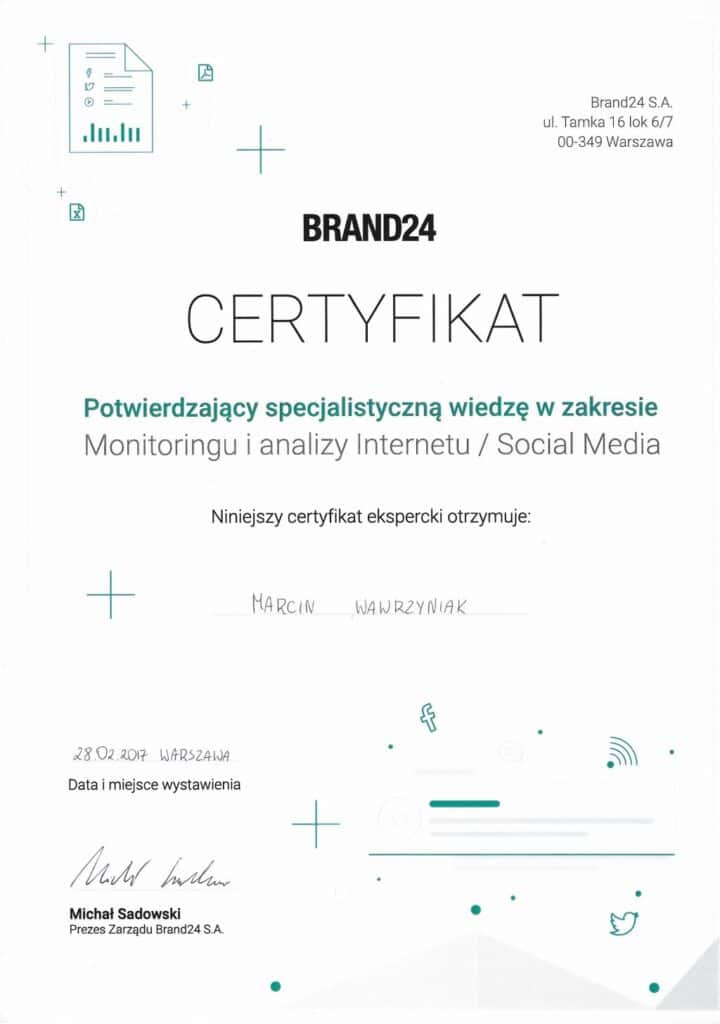 Certyfikat z zakresu monitoringu mediów.