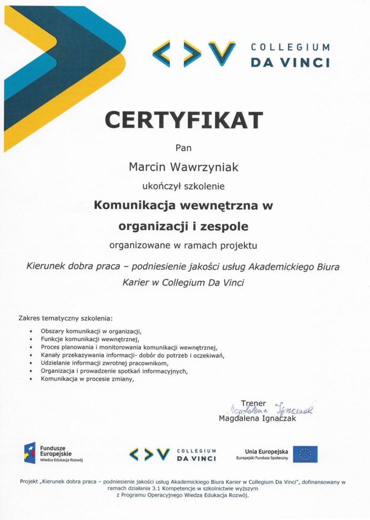 Certyfikat z komunikacji wewnętrznej w zespole.