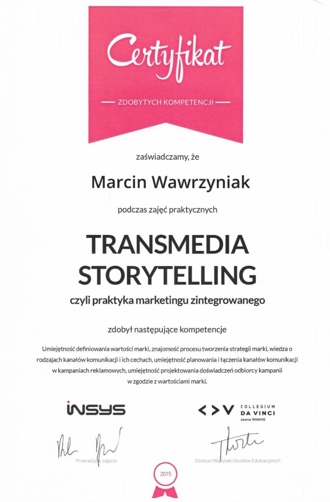 Certyfikat Transmedia Storytelling w marketingu.