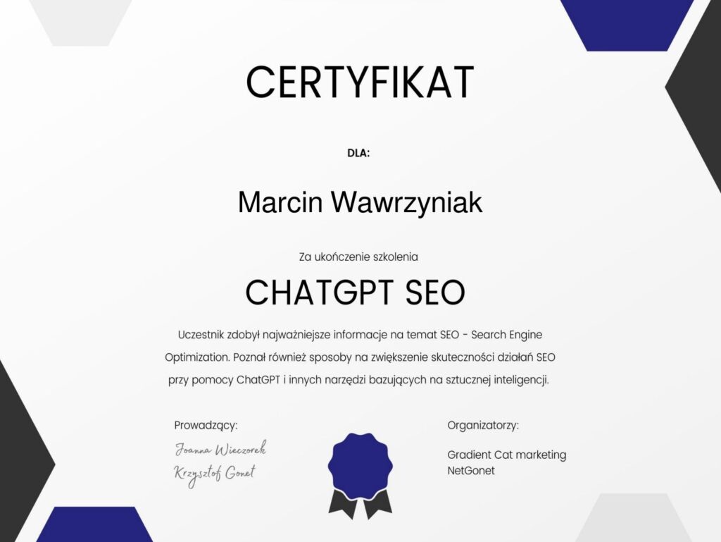 Certyfikat ukończenia kursu SEO 2023.