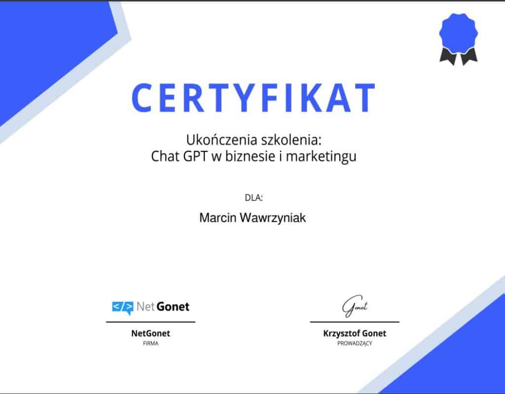 Certyfikat ukończenia kursu Chat GPT w marketingu.