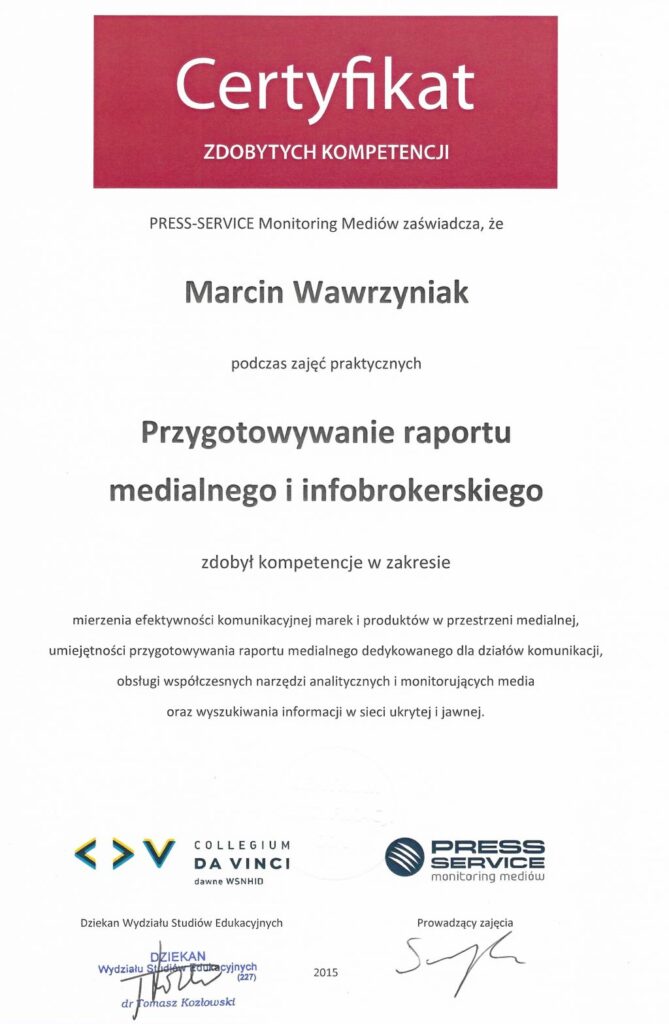 Przygotowanie raportu medialnego i infobrokerskiego.