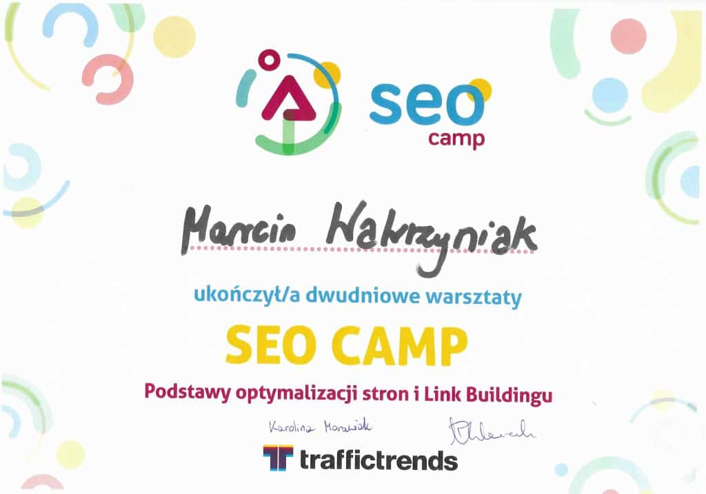 Certyfikat ukończenia warsztatów SEO Camp