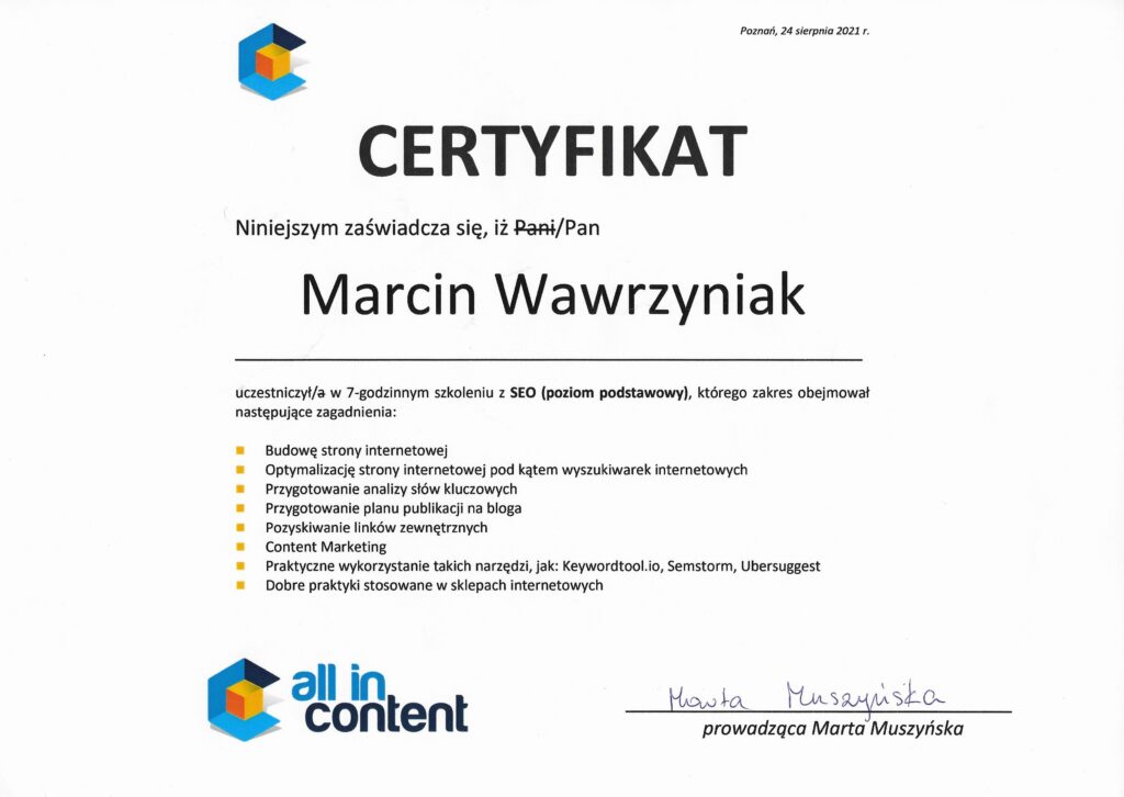 Certyfikat potwierdzający umiejętności w content marketingu.