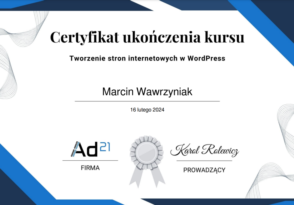 Certyfikat ukończenia kursu WordPress.