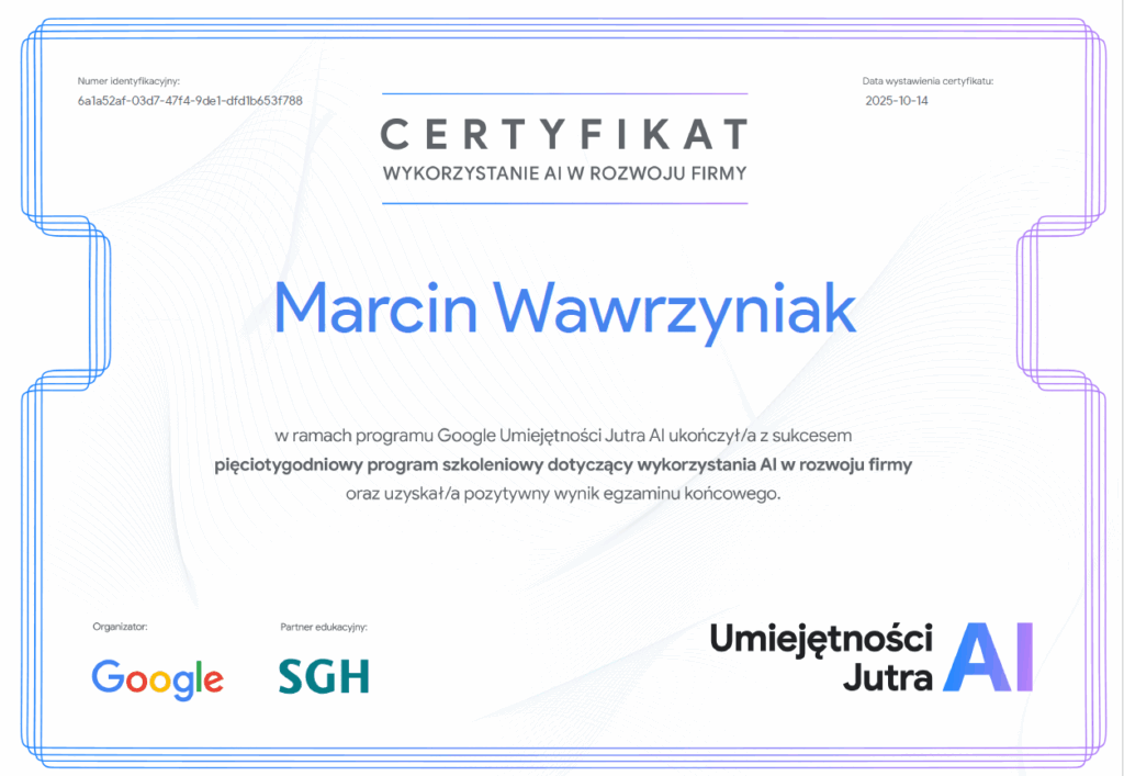 Certyfikat Google Umiejętności Jutra AI dla Marcina Wawrzyniaka.