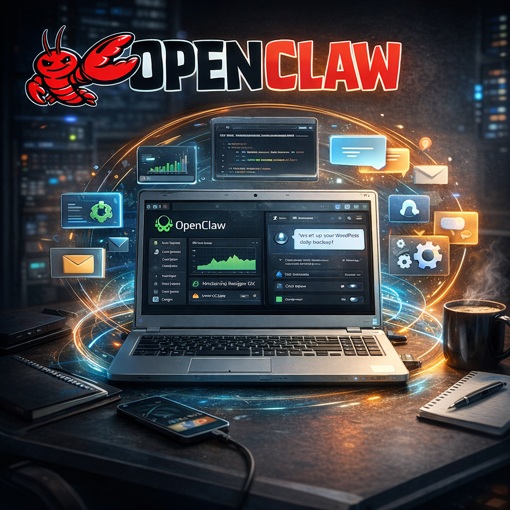OpenClaw i ClawX na starym laptopie – realistyczna wizualizacja asystenta AI zarządzającego automatyzacją, monitoringiem i komunikacją w nowoczesnym środowisku IT