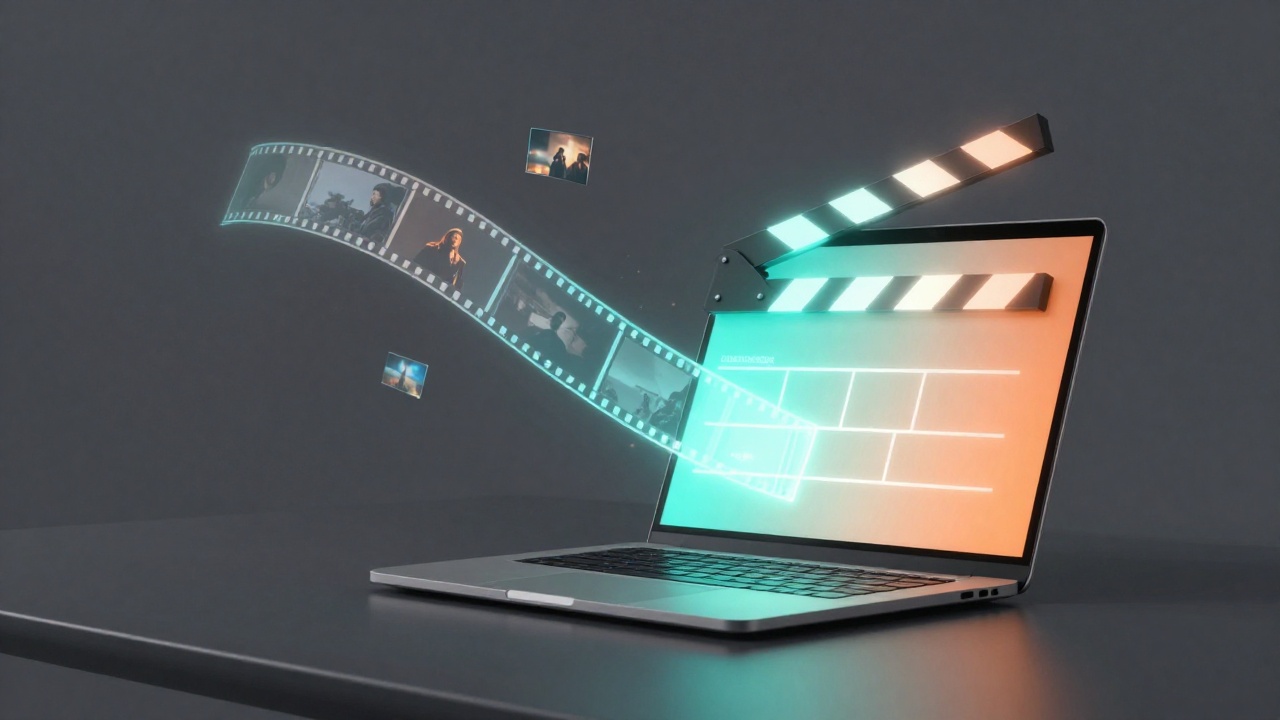 Laptop na grafitowym biurku, z ekranu wylatuje świecąca taśma filmowa i klaps w turkusowo-pomarańczowym świetle